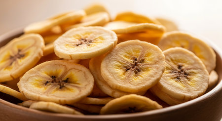 Banana chips in a bowl, close-up, selective focusの素材