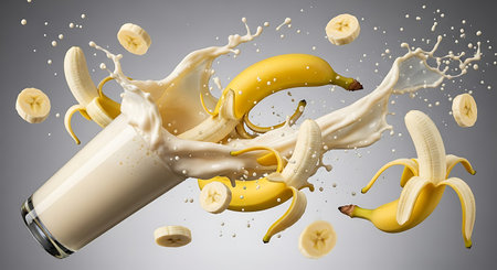 Milk splashing out of a glass with ripe bananas. 3d renderingの素材