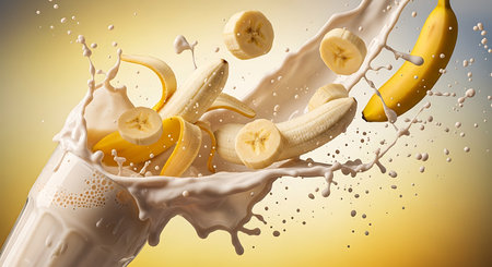 Banana milk splash on yellow background. 3d rendering, mock upの素材