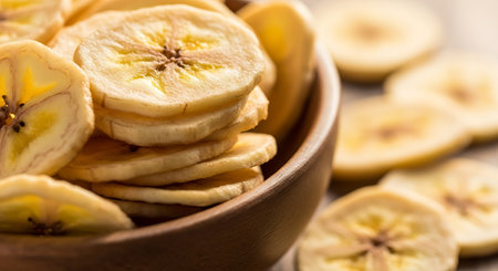 Banana chips in a bowl on a wooden table. Close-up.の素材