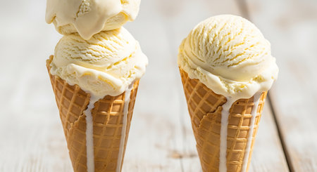 Vanilla ice cream in waffle cones on a white wooden backgroundの素材