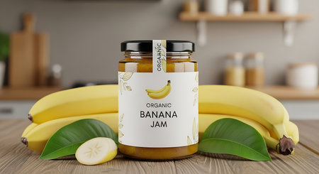 Banana jam in a glass jar on a wooden table in the kitchenの素材