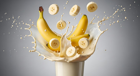 Banana juice splashing out of a glass with bananas on grey backgroundの素材