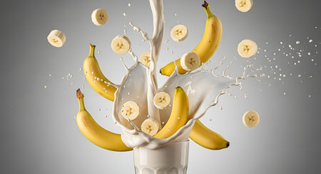 Milk splashing out of a glass with bananas. 3d renderingの素材