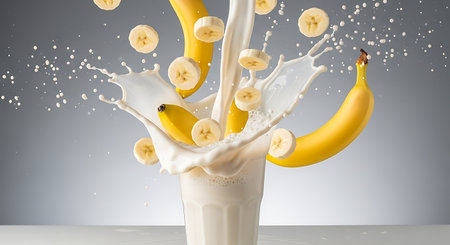 Banana milk splashing out of a glass. 3d renderingの素材