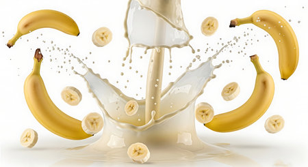 Milk splash with bananas isolated on white background. 3d illustrationの素材