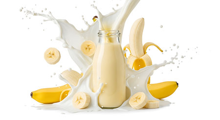Milk splash with banana isolated on white background. 3d illustrationの素材