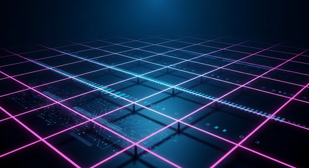 Abstract technology background with square grid and glowing lines. 3d renderingの素材