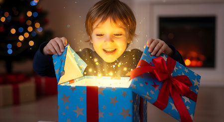 Cute little boy opening a present box with a magic light coming out of itの素材