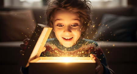Little boy opening a magic box with light coming out of the boxの素材