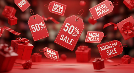 3d render of christmas sale tags and gifts on red backgroundの素材
