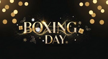 Boxing Day banner with golden lettering on dark background. Vector illustration.の素材
