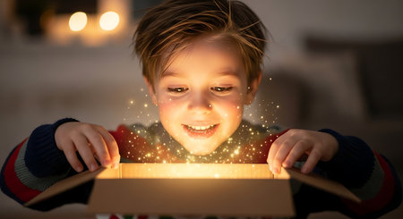 Cute child opening a gift box with magic light coming out of itの素材