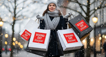 Winter sale. Happy young woman with shopping bags in the city.の素材