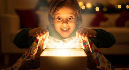 Cute little girl opening a gift box at christmas time.の素材