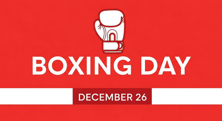 Boxing Day banner with boxing gloves on red background. Vector illustration.の素材