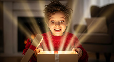 happy little boy opening christmas gift box and looking at camera at homeの素材