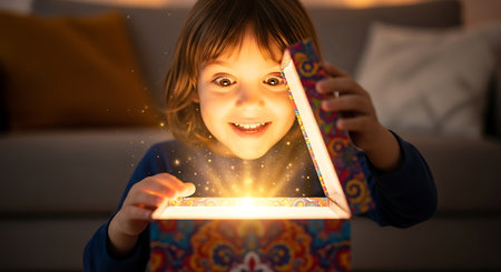 Little boy opening magic gift box at home. Christmas and New Year conceptの素材