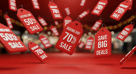 Red sale tags. 3D illustration. 3D CG. High resolution.の素材