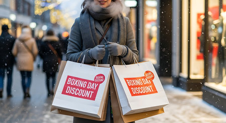 Woman with shopping bags in the city. Girl with purchases in her hands on the background of the Christmas market.の素材