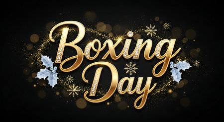 Happy Boxing Day. Golden lettering on black background. Vector illustration.の素材