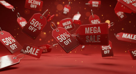 Red sale price tags 3d render on red background with copy spaceの素材