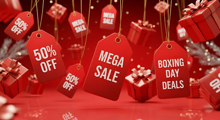 Red christmas sale tags on red background. 3D rendering.の素材