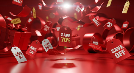 Red christmas background with sale tags and gift boxes. 3d renderingの素材
