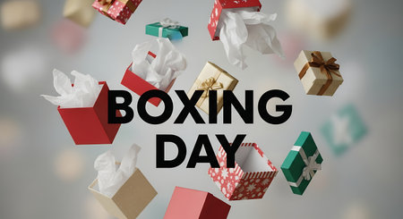 Boxing Day text with gift boxes against grey background with vignetteの素材