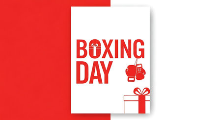 Boxing Day greeting card with boxing gloves and gift box on red backgroundの素材