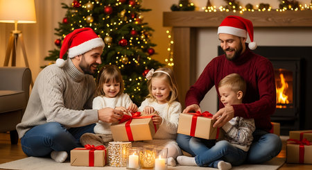 family, christmas, holidays and people concept - happy family in santa helper hats opening gift boxes at homeの素材