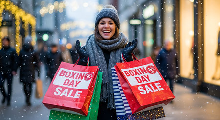 Woman with shopping bags in New York City, USA. Christmas sale concept.の素材