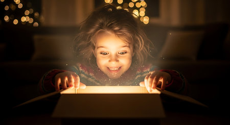 Little girl opening a magic book in the dark room at Christmas timeの素材