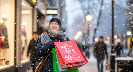 Woman with shopping bags in the city during a snowfall. Christmas sales.の素材