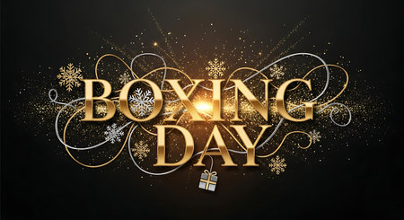 Boxing Day. Golden lettering on black background. Vector illustration.の素材