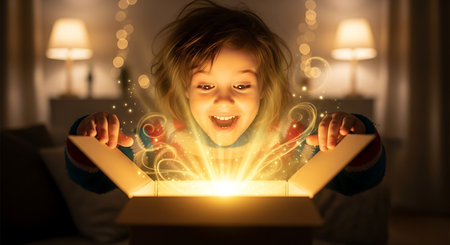 Little girl opening magic gift box with bright light coming out of itの素材