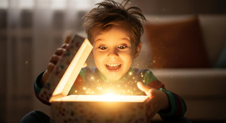 Cute little boy opening a gift box with magic light coming out of itの素材