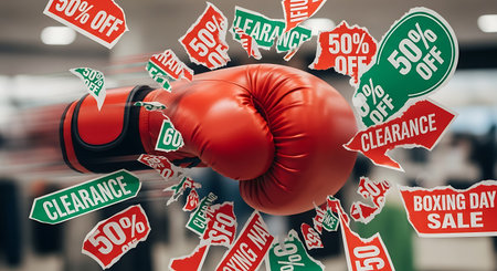 Boxing gloves and sale signs in the background. 3d renderingの素材