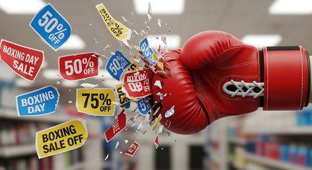 Boxing gloves breaking a sale sign. 3D Rendering.の素材