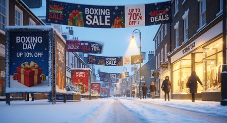 Christmas sale banner in the center of Amsterdam, Netherlands. Winter scene.の素材