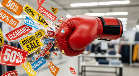Boxing glove and sale signs flying in air. 3d renderingの素材