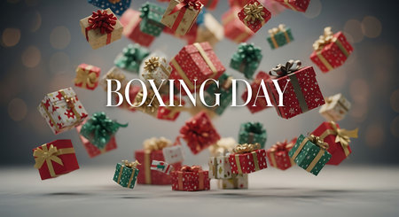 Boxing Day greeting card with flying gift boxes. 3D renderingの素材