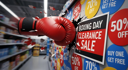 Boxing gloves on sale sign in supermarket. 3D rendering.の素材
