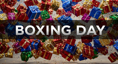Boxing Day celebration background with colorful gift boxes and confetti.の素材