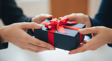 Close up of female hands holding a black gift box with red ribbonの素材
