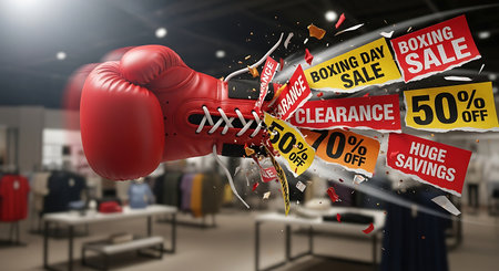 Boxing gloves breaking the wall in a store. 3d renderingの素材