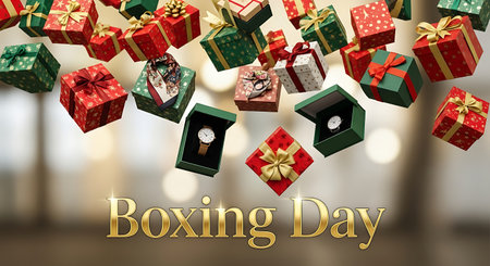 Boxing day banner with gift boxes on bokeh background.の素材