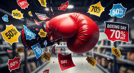 Boxing gloves flying high in sky with sale tags. 3D renderingの素材