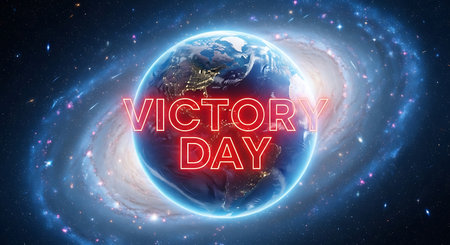 VICTORY DAY text with Earth planet in space. 3D renderingの素材
