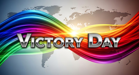 Victory Day Background with Colorful Wave and World Map. Vector Illustrationの素材